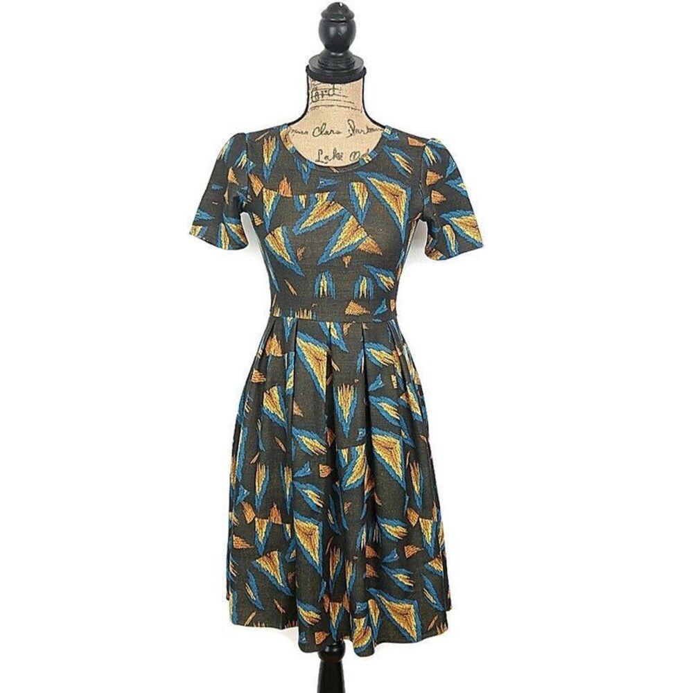 LulaRoe Womens XS Amelia Dress Black Geometric Fit & Flare Knee Length Back Zip